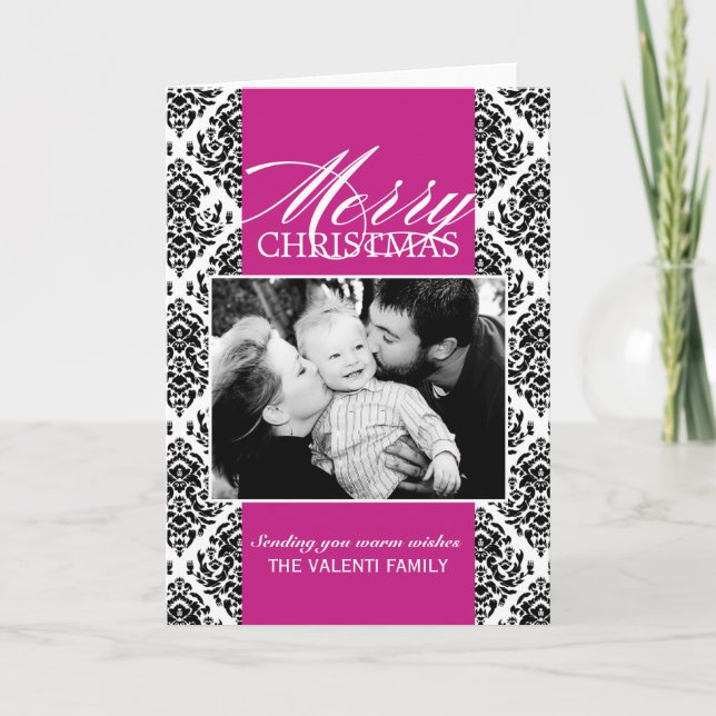 Customisable Damask Christmas Photo Greeting Card (Front)