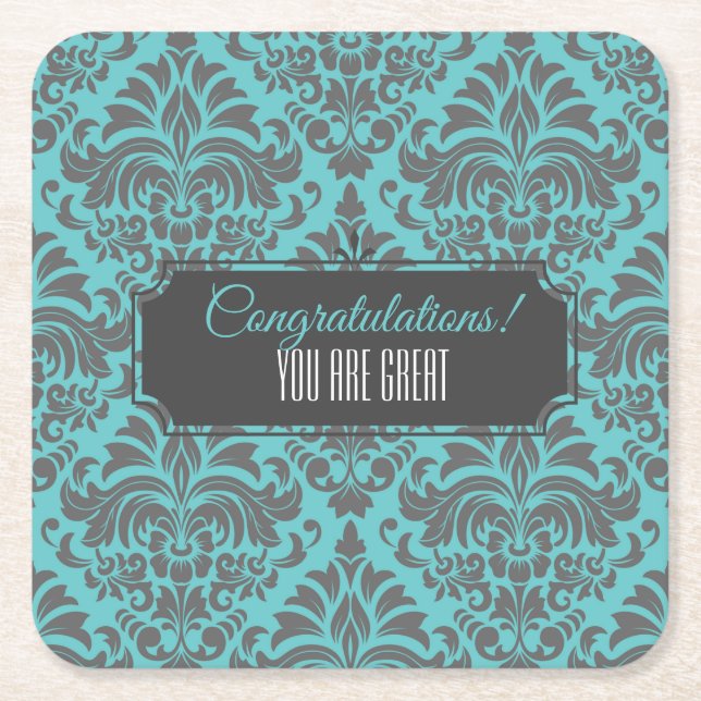 Customisable Damask Event Square Paper Coaster (Front)