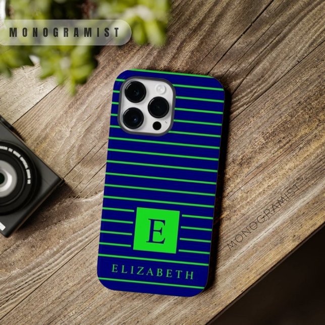 Customisable Dark Blue Neon Lime Green Stripes  Case-Mate iPhone Case (Customizable Dark Blue Neon Lime Green Stripes Case-Mate iPhone Case)