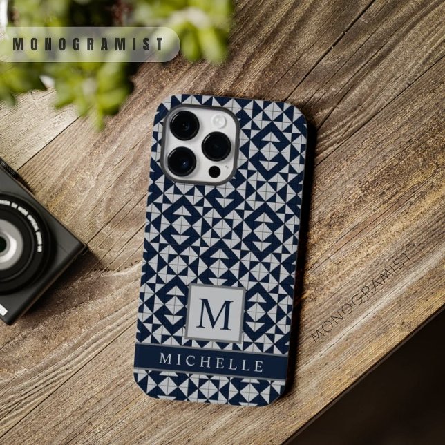 Customisable Dark Navy Blue Light Grey Geometric  iPhone Case (Customizable Dark Navy Blue Light Grey Geometric Case-Mate iPhone Case)