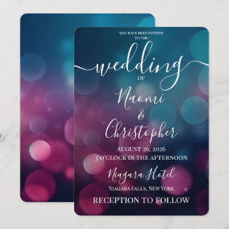 Customisable Dark Pink Blue Bokeh Wedding Invitation