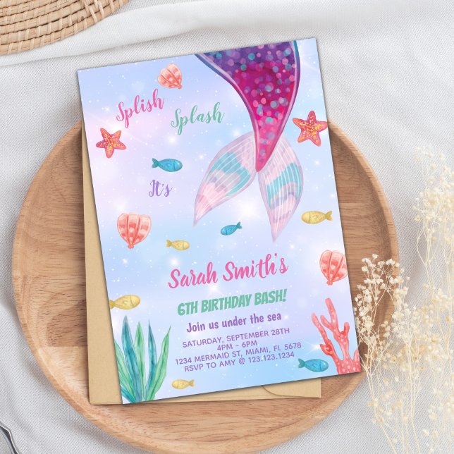 Customisable Dark Pink Mermaid Birthday Invitation (Dark Pink on top mermaid Birthday Invitation)