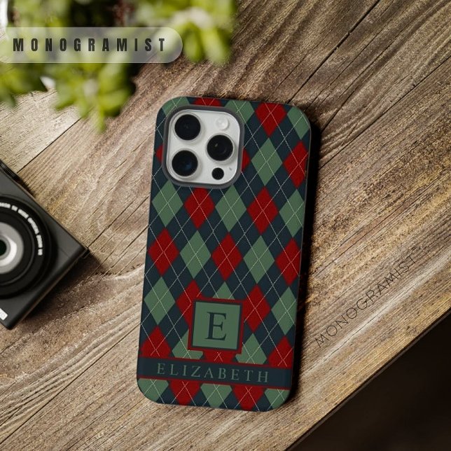 Customisable Dark Teal Green Red Argyle Pattern iPhone Case (Customizable Dark Teal Green Red Argyle Pattern iPhone Case)
