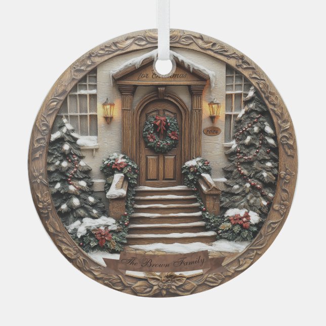 Customisable (date&name) beautiful carved/3D-look  Glass Tree Decoration (Front)