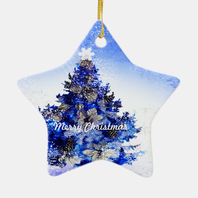 Customisable decorated blue christmas tree ceramic tree decoration (Back)