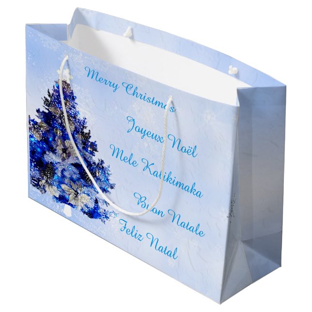 Customisable decorated blue christmas tree large gift bag (Back Angled)