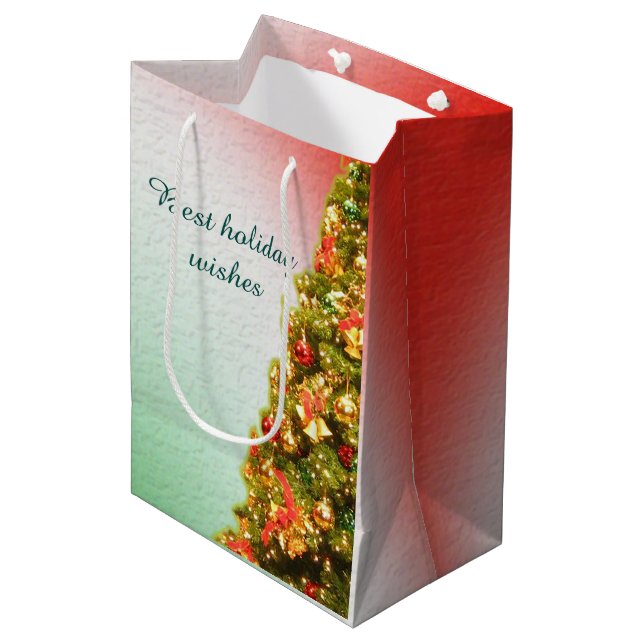 Customisable decorated christmas tree medium gift bag (Front Angled)
