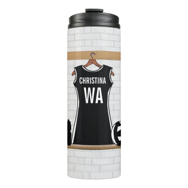 Customisable design netball black and white thermal tumbler (Front)