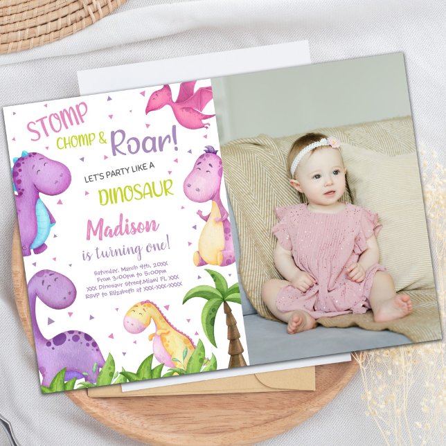 Customisable Dinosaur Party Invitations for Kids (Pink Purple Dinosaur Birthday Invitations w photo)