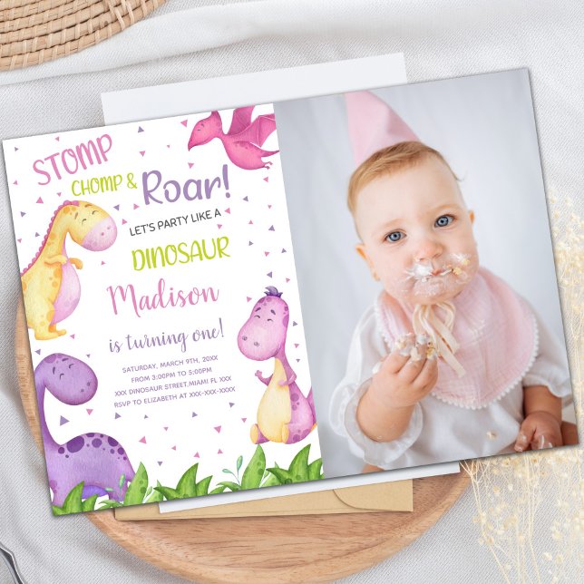 Customisable Dinosaur Party Invitations for Kids (Purple Dinosaur Birthday Invitations with photo)