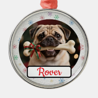 Customisable Dog And Bone Pet Owner's Round Xmas Metal Tree Decoration