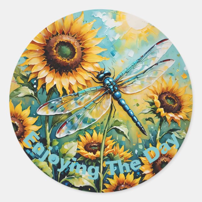 Customisable Dragon Fly, Dragon Fly and Sunflower, Classic Round Sticker (Front)