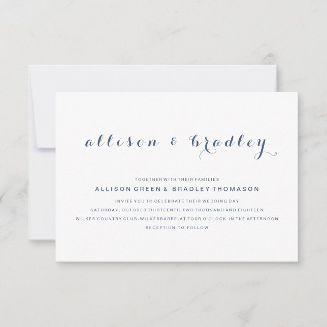 Customisable Dusty Navy Script Wedding Invitation (Front)