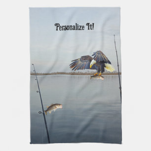 Customisable Eagle Stealing Bass Fishing Tea Towel