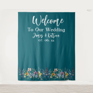 Customisable Elegant Dark Teal Wedding Backdrop Tapestry