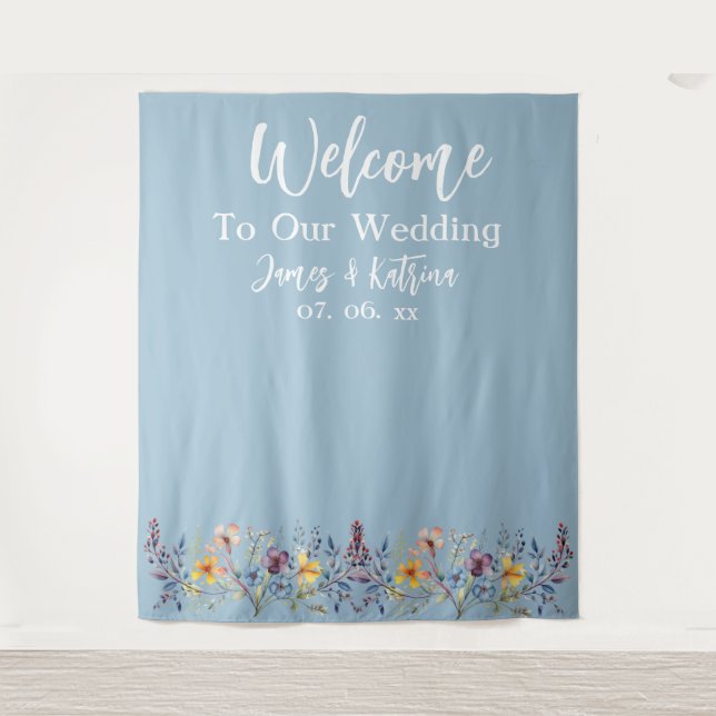  Customisable Elegant Dusty Blue Wedding Backdrop Tapestry (Front)
