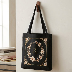 Customisable Elegant Gold Floral & Leaf Monogram Tote Bag