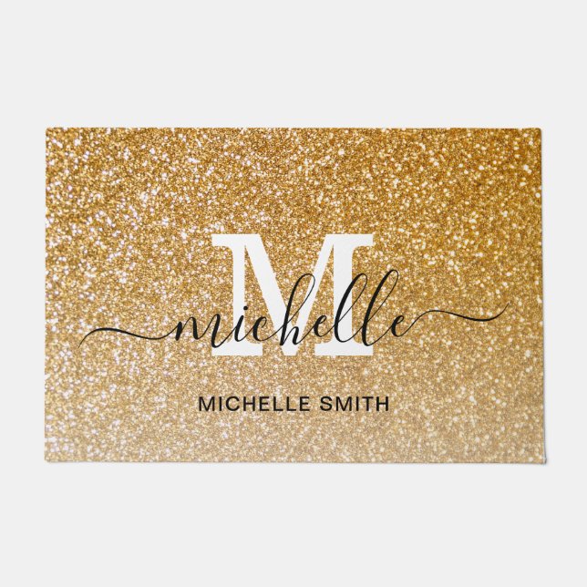 Customisable Elegant Script Monogram Name Gold Doormat (Front)
