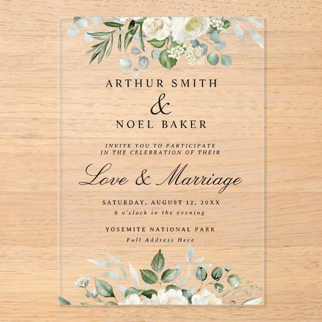 Customisable Elegant White Floral Wedding  Acrylic Invitations (Front)