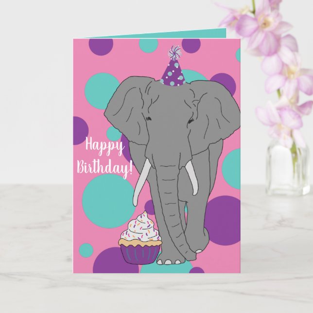 Customisable Elephant Birthday Card (Orchid)