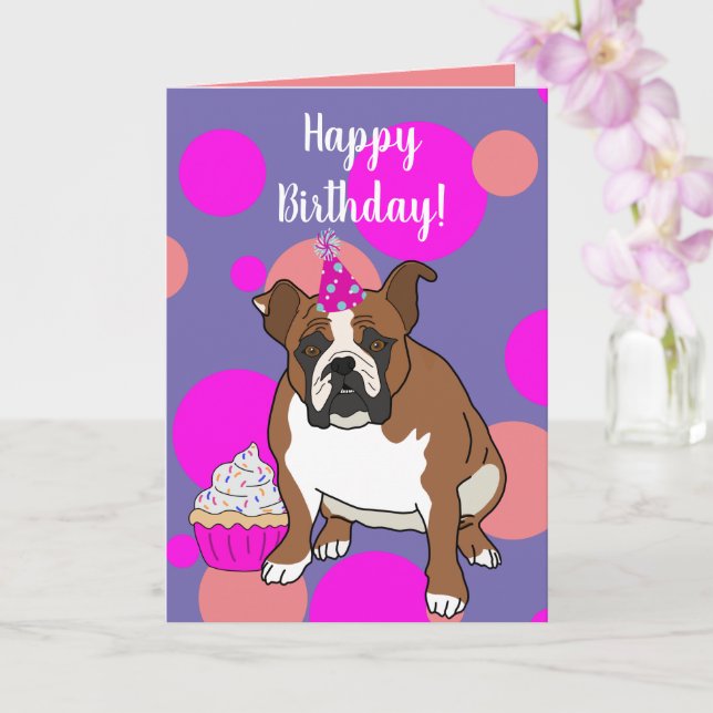 Customisable English Bulldog Birthday Card (Orchid)