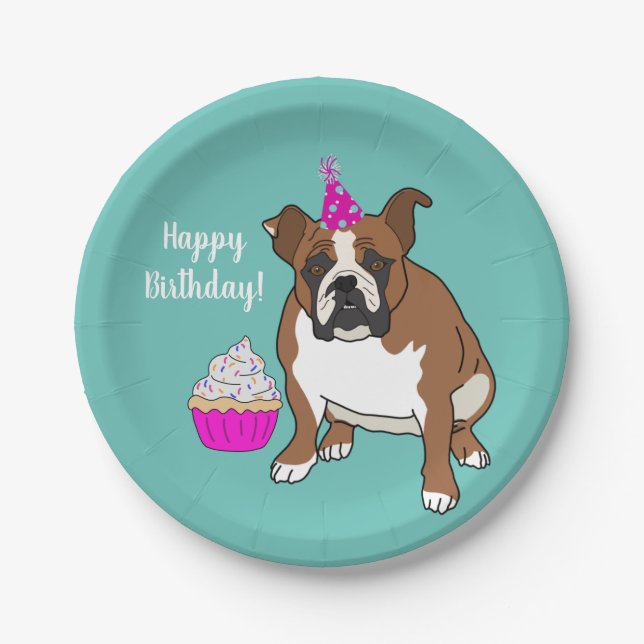 Customisable English Bulldog Birthday Paper Plate (Front)