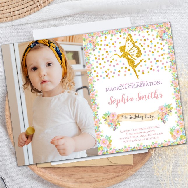 Customisable Fairy Party Invitations for Kids (Glitter Fairy Birthday Invitations with photo)