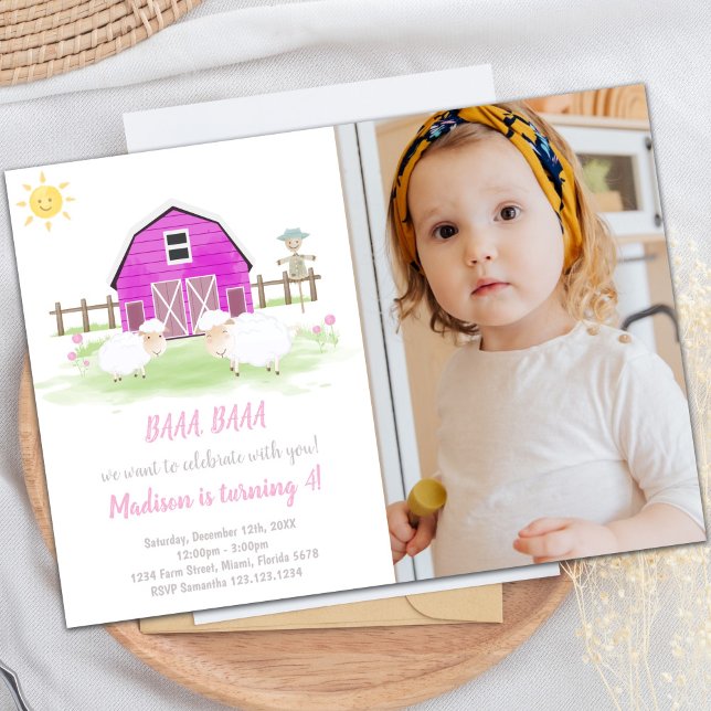 Customisable Farm Birthday Invitations for Kids (Pink House Farm Invitations with photo)