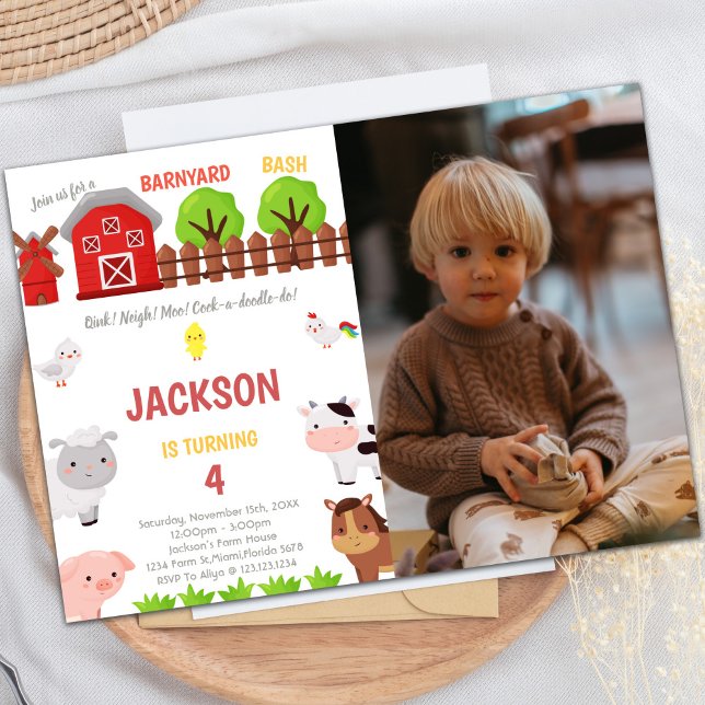Customisable Farm Party Invitations for Kids (Green Farm Birthday Invitations with photo)