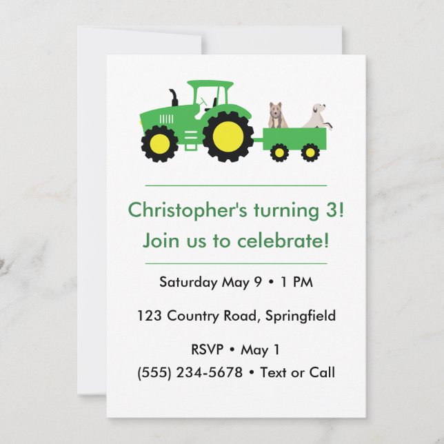 Customisable Farm Tractor Birthday Invitation (Front)