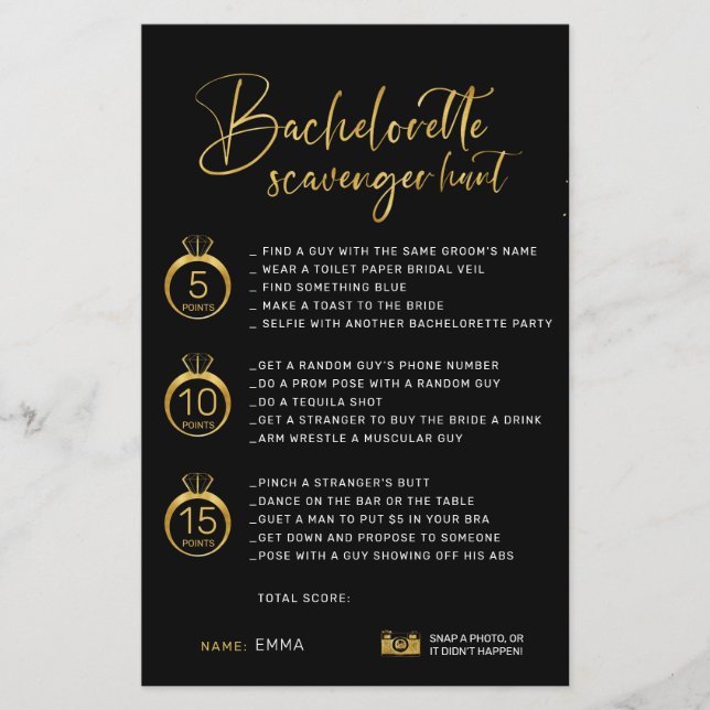 Customisable Faux Gold Black Bachelorette Hunt (Front)