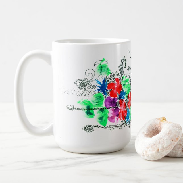 Customisable Fine Art Colourful Flowers Coffee Mug (With Donut)