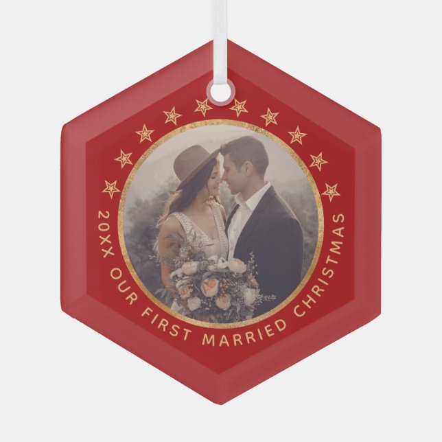   Customisable First Married Christmas Elegant Red Glass Tree Decoration (Front)