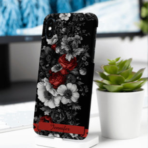 Customisable Floral Black White Red Motif iPhone 16 Pro Case
