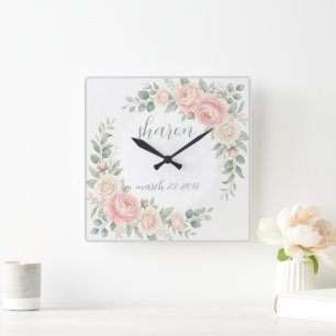 Customisable Floral Clock Watercolor Flower Wall