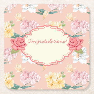 Customisable Floral Event Square Paper Coaster