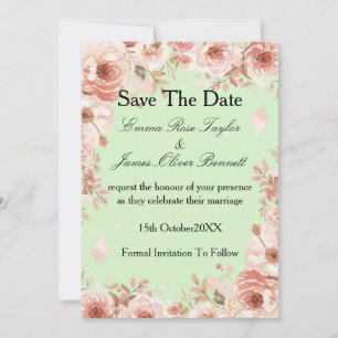 Customisable Floral mint Pink Roses Save the Date Invitation
