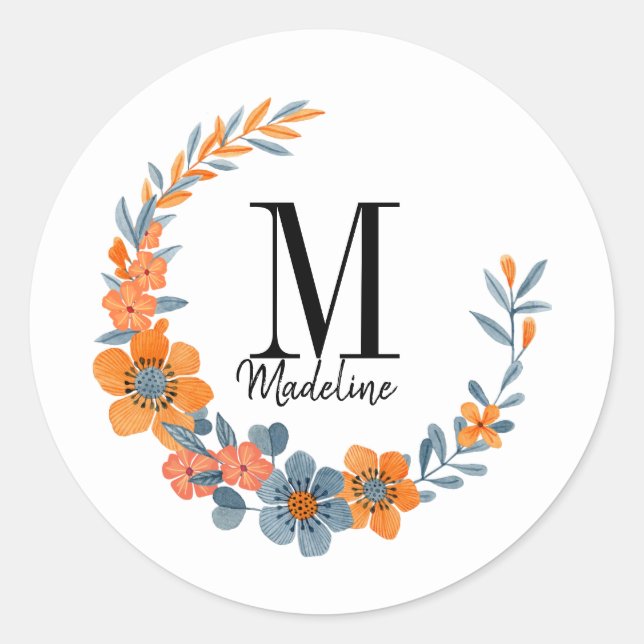 Customisable Floral Monogram Autumn Orange Flowers Classic Round Sticker (Front)