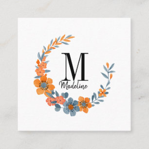 Customisable Floral Monogram Autumn Orange Flowers Square Business Card