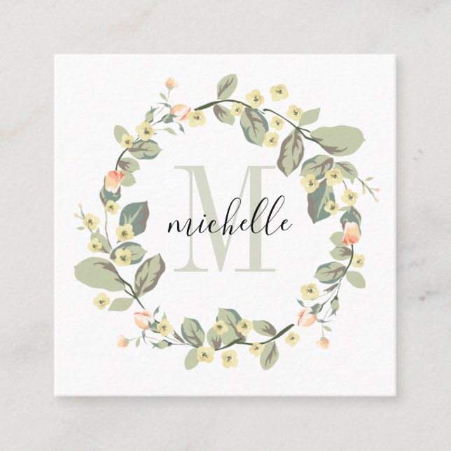 Customisable Floral Monogram Baby Peach Blossoms Square Business Card (Front)