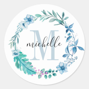 Customisable Floral Monogram Blue Spring Classic Round Sticker