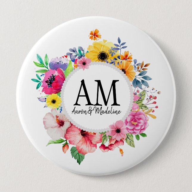 Customisable Floral Monogram Colourful Bouquet 10 Cm Round Badge (Front)