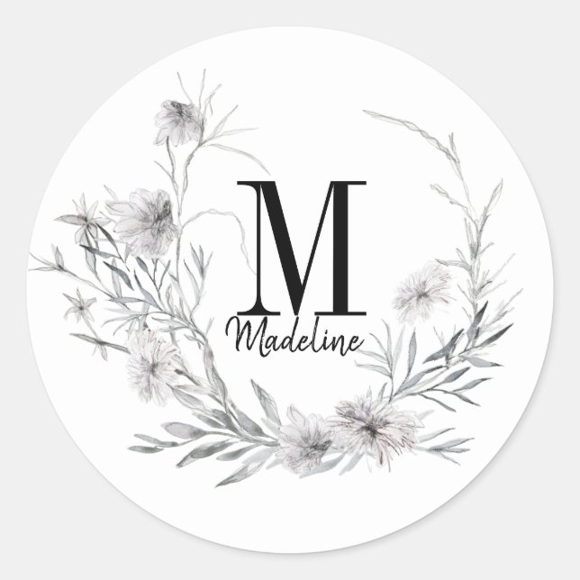 Customisable Floral Monogram Dusty Wildflowers Classic Round Sticker (Front)