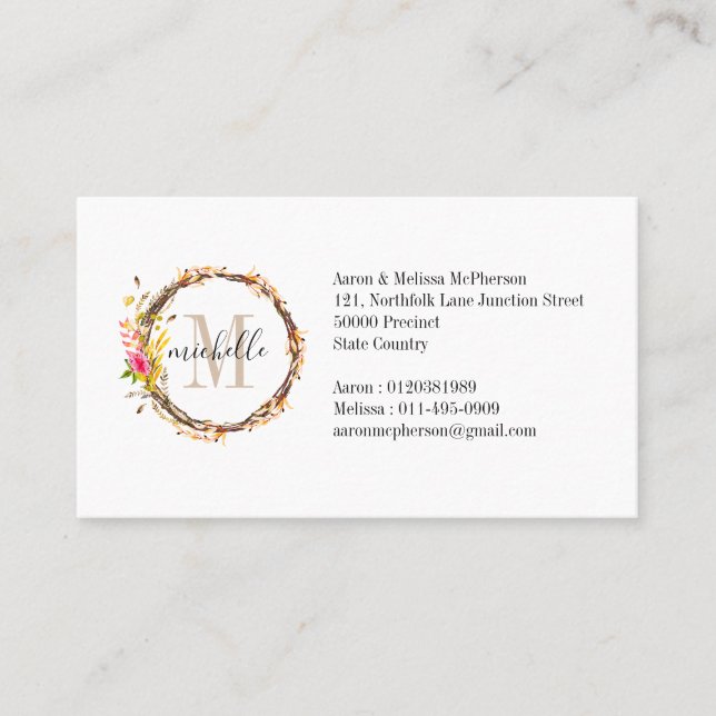 Customisable Floral Monogram Fall Foliage Business Card (Front)