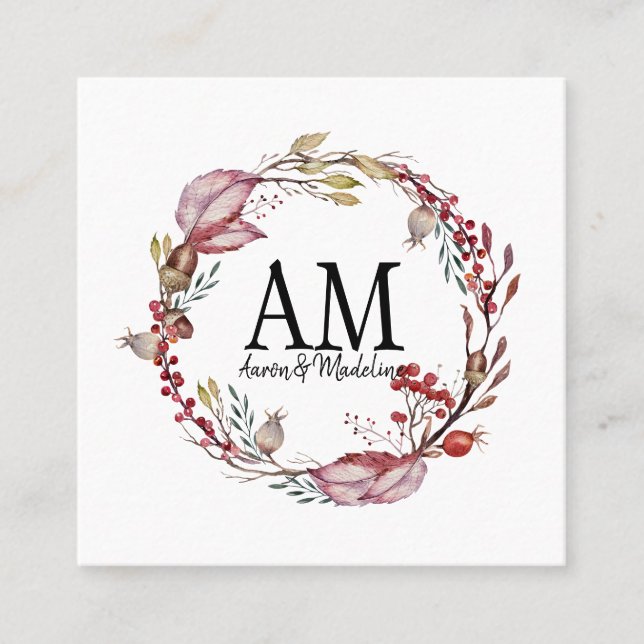 Customisable Floral Monogram Frame Autumn Foliage Square Business Card (Front)