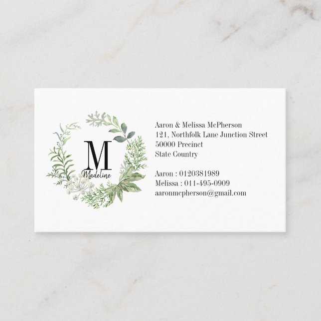 Customisable Floral Monogram Green Foliage Business Card (Front)
