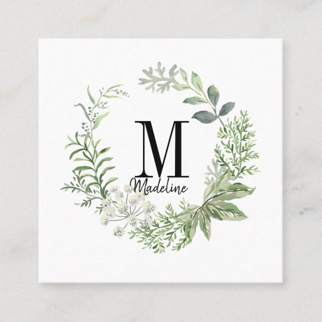 Customisable Floral Monogram Green Foliage Square Business Card (Front)