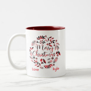 Customisable Floral Plaid Merry Christmas Two-Tone Coffee Mug