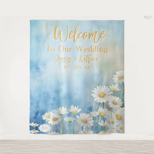 Customisable Floral Watercolor Wedding Backdrop Tapestry (Front)