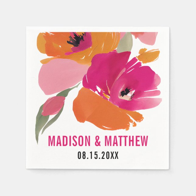 Customisable Floral Wedding Napkin - Names & Date (Front)
